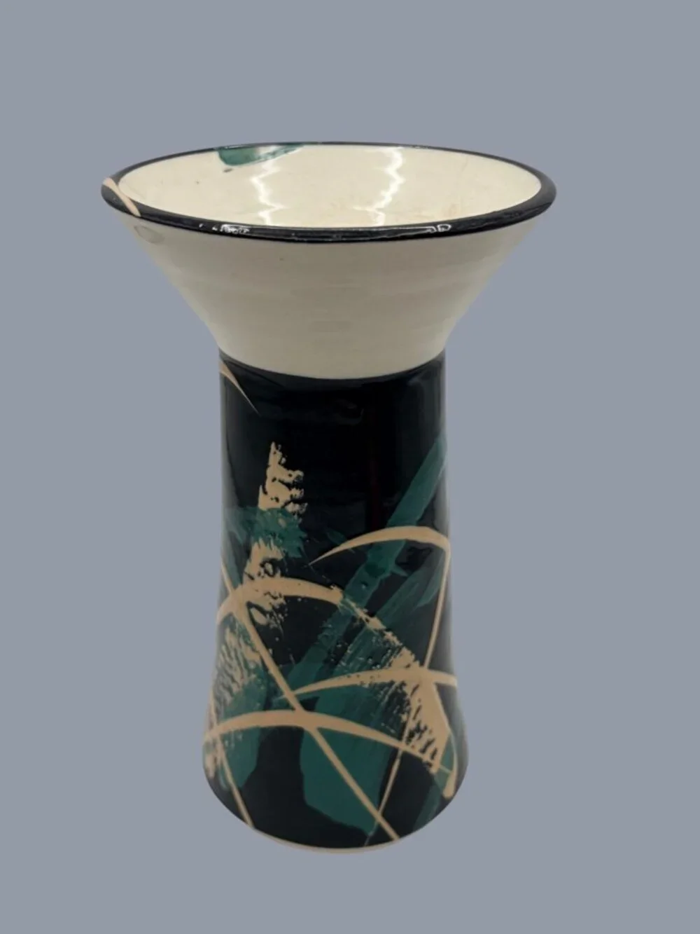 Signed Studio Art Pottery Vase Abstract Teal Black Cream Hand Thrown Ceramic 8